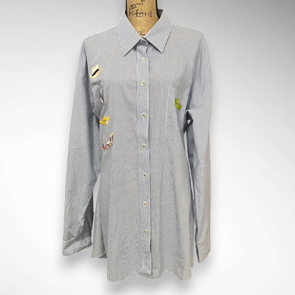 LANIE NY Classic Pinstripe Long Sleeve Button Down Wtih Embroidered Appliques